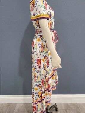 Flying Tomato - Floral High-Low White Maxi Dress with Colorful Trim